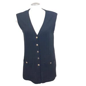 Womens Size 10 Vintage Longline Vest Ribbed Black Front Pockets Shell Buttons